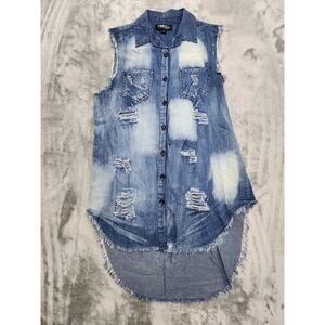 Thrill‎ Jeans Top Womens M Blue Ripped Bleached High Low Tunic Button Up Grunge